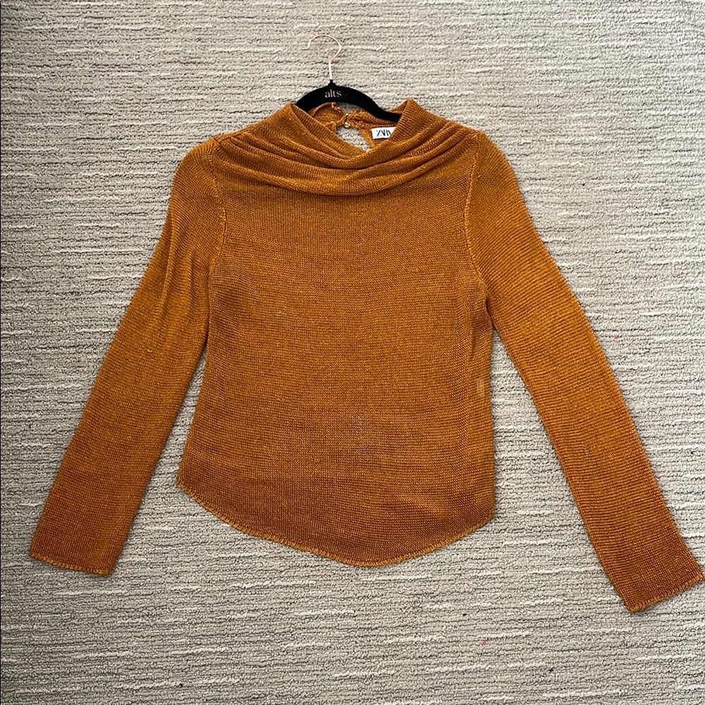 Zara Tan Cowl Neck Sweater Soft Knit Curved Hem